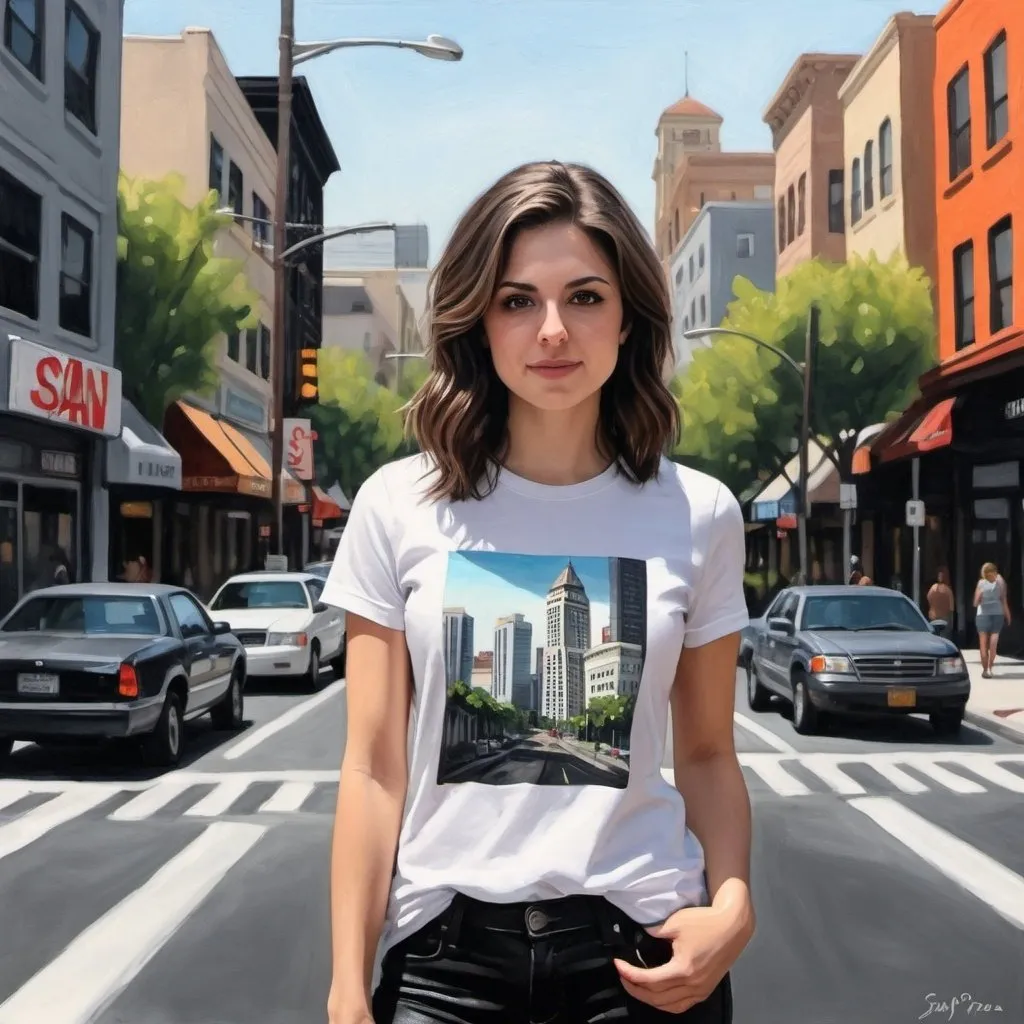 Prompt: Paige Spara wearing black jeans, white t-shirt, black leather in the city named San Jose. Black gouache and colored oil painting. Extremely detailed. Bright background.