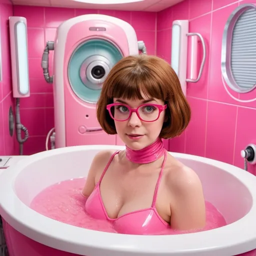 Prompt: Young Velma Dinkley from Scooby doo in the bathtube inside the oblong multifunctional pink automatic makeover machine with AI similar with shower cabin. There are robotic arms with sponges, automatic bathube, automatic shower, robotic arms, automatic wardrobe, automatic hair styling machine, automatic manicure and pedicure machine. Robotic arms are bathing her
