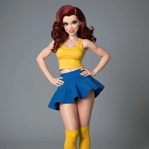 Prompt: As for the outfit, a blue skirt was put around her waist and a yellow tank-top put on her torso, as well as knee long socks and blue heel. One last thing that was done was a hair iron coming up and started working on Jessie's hair, making it curlier by the minute. 
