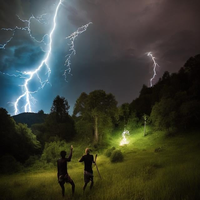 Prompt: "It's thundering The lightning's flashing in the night The fool's standing and screaming on the hill: "I'm gonna catch you in my bag And you will be shining within I wanna you to be mine so much!" The fellow rushes to the forest Then to the field and to the stream And he keeps trying to catch the lightning All rural folk Were going out to watch this How the madman was running and freaking on the hill He seems to be out of his head He's an enemy to himself He's the fool with his whims - just think of that! The fellow rushes to the forest Then to the field and to the stream And he keeps trying to catch the lightning In the morning along the rural road The night hero was walking slowly So pretty shaggy and grey-haired And he was smiling!!!