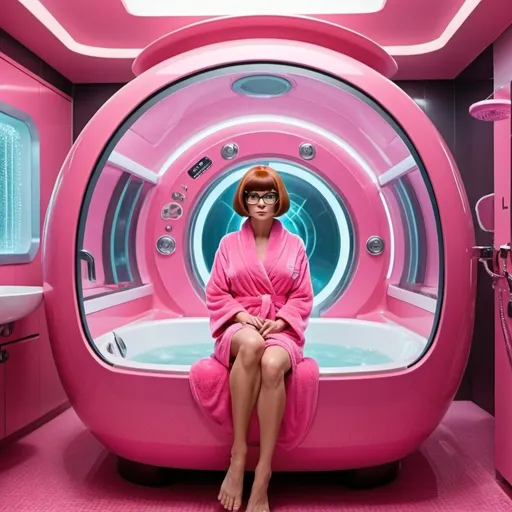 Prompt: Velma Dinkley wearing bathrobe inside the oblong multifunctional pink makeover machine. There are automatic bathube, automatic shower, robotic arms, automatic wardrobe, automatic hair styling machine