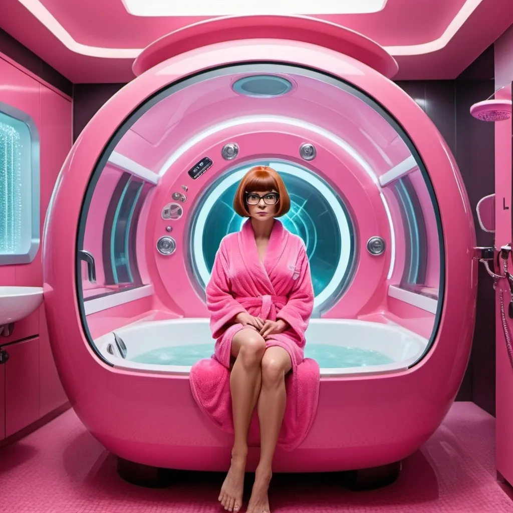 Prompt: Velma Dinkley wearing bathrobe inside the oblong multifunctional pink makeover machine. There are automatic bathube, automatic shower, robotic arms, automatic wardrobe, automatic hair styling machine