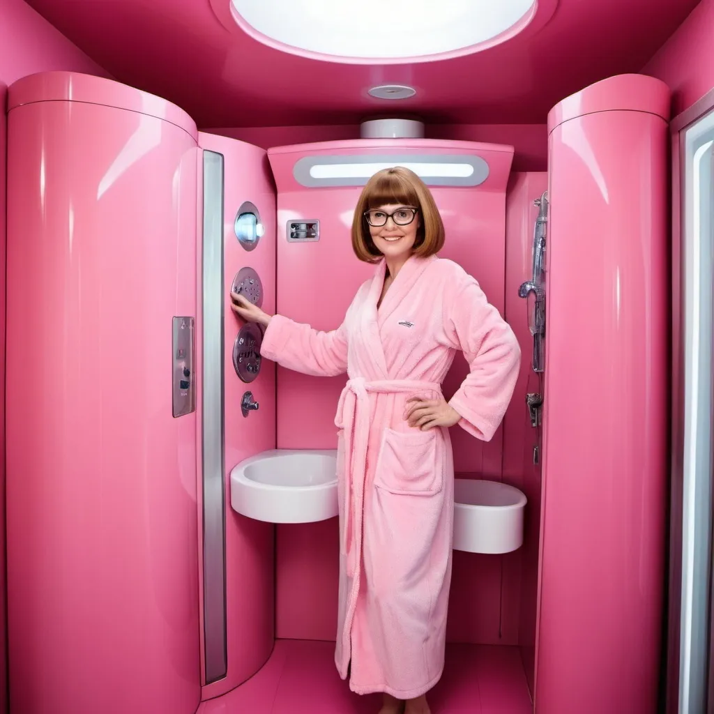 Prompt: Velma Dinkley wearing bathrobe inside the oblong multifunctional pink makeover machine similar with shower cabin. There are automatic bathube with wheels, automatic shower, robotic arms, automatic wardrobe, automatic hair styling machine