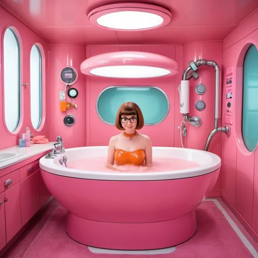 Prompt: Young Velma Dinkley from Scooby doo in the bathtube inside the oblong multifunctional pink automatic makeover machine with AI similar with shower cabin. There are robotic arms with sponges, automatic bathube, automatic shower, robotic arms, automatic wardrobe, automatic hair styling machine, automatic manicure and pedicure machine