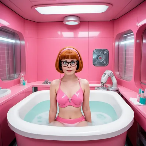 Prompt: Young Velma Dinkley from Scooby doo in the bathtube inside the oblong multifunctional pink automatic makeover machine with AI similar with shower cabin. There are robotic arms with sponges, automatic bathube, automatic shower, robotic arms, automatic wardrobe, automatic hair styling machine, automatic manicure and pedicure machine