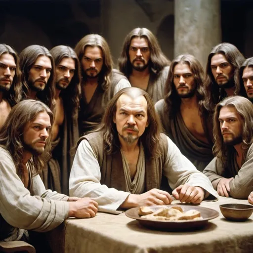 Prompt: Vladimir Lenin with long hair as the main character from the rock oper Jesus Christ Superstar. last supper