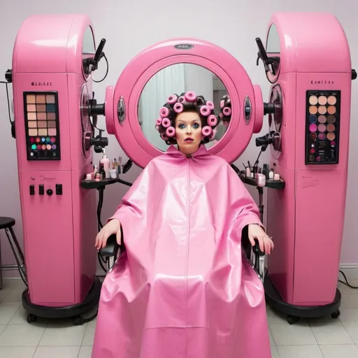 Prompt: A  large pink makeover machine. Inside there is a woman who looks confused and dismayed sitting in a chair, wearing a floral pink pvc salon cape and curlers in her hair. There are mechanical arms applying makeup to her face.