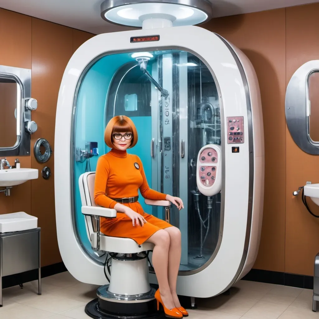 Prompt:  Velma Dinkley with bad haircut inside multifunctional makeover machine with AI similar with little shower cabin. There are automatic barber chair with robotic arms, automatic shower cabin, automatic hair dryer, automatic hair machine, automatic bathtube with robotic arms.