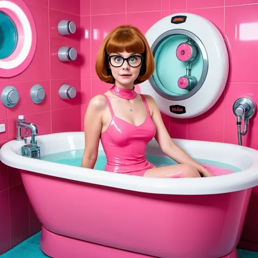 Prompt: Young Velma Dinkley from Scooby doo in the bathtube inside the oblong multifunctional pink automatic makeover machine with AI similar with shower cabin. There are robotic arms with sponges, automatic bathube, automatic shower, robotic arms, automatic wardrobe, automatic hair styling machine, automatic manicure and pedicure machine