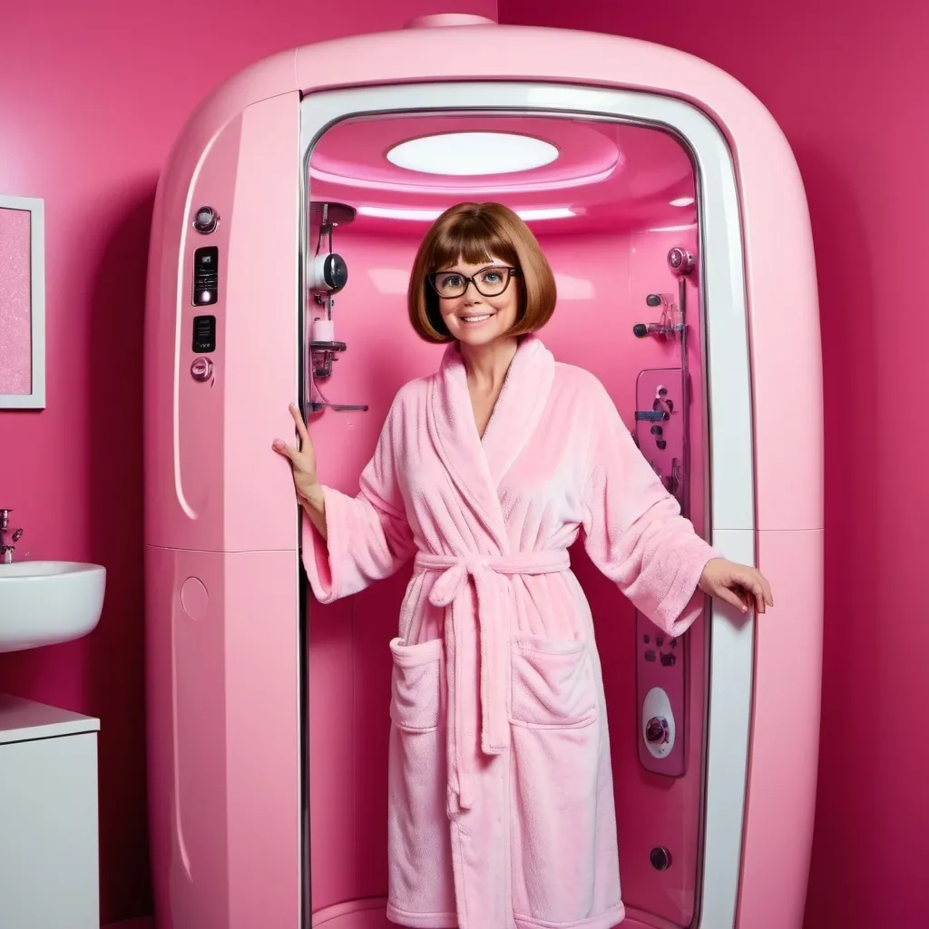 Prompt: Velma Dinkley wearing bathrobe inside the oblong multifunctional pink makeover machine. There are automatic bathube, automatic shower, robotic arms, automatic wardrobe, automatic hair styling machine