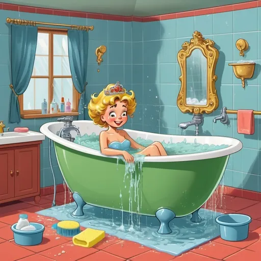 Prompt: A   makeover and bathing machine and automatic wardrobe from old cartoon from the USSR. Inside there is a princess (with messy hair and mud on her face and feet) who looks happy  sitting in   bathtube. There are bathtube,  shower and mechanical arms applying shampoo on her hair and mechanical arms washing her hands and feet with sponges.