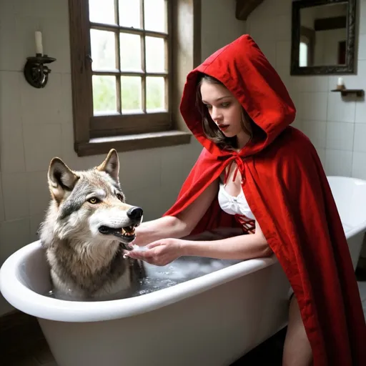 Prompt: Red Riding Hood prepars bath for Wolf