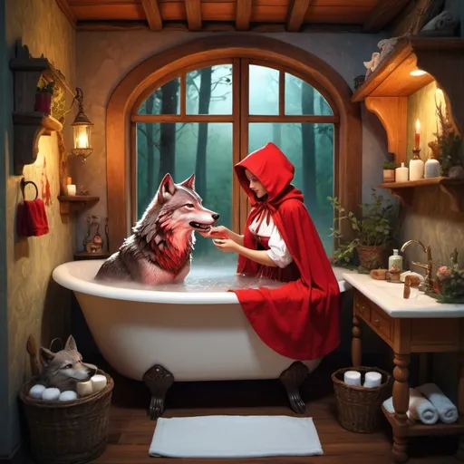 Prompt: Red Riding Hood prepars bath for Wolf