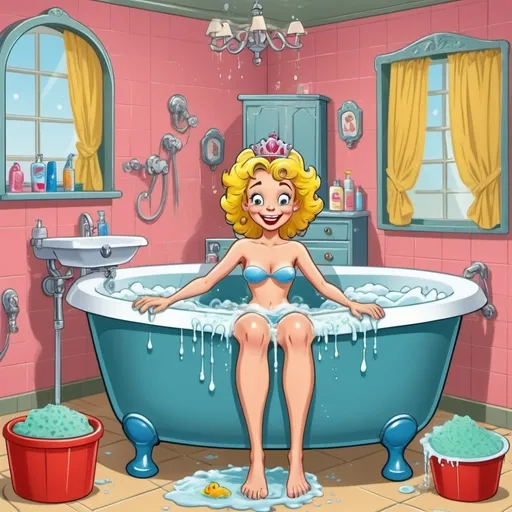 Prompt: A   makeover and bathing machine and automatic wardrobe from old cartoon from the old american cartoon. Inside there is a princess (with messy hair and mud on her face and feet) who looks happy  sitting in   bathtube. There are bathtube,  shower and mechanical arms applying shampoo on her hair and mechanical arms washing her hands and feet with sponges.
