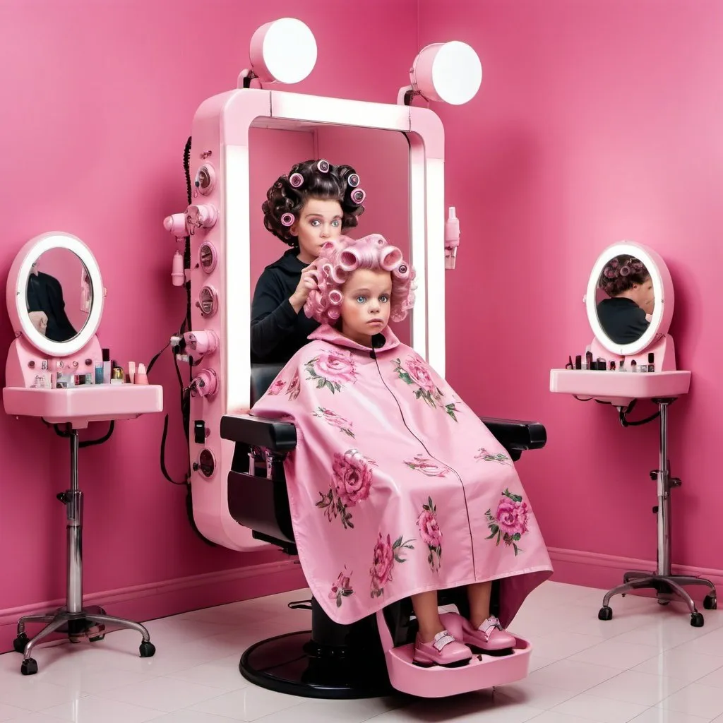 Prompt: A  large pink makeover machine. Inside there is a little girl who looks confused and dismayed sitting in a chair, wearing a floral pink pvc salon cape and curlers in her hair. There are mechanical arms applying makeup to her face.