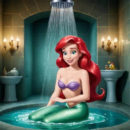 Prompt: Disney little mermaid pretty Ariel bathing in the shower in castle bathrooom