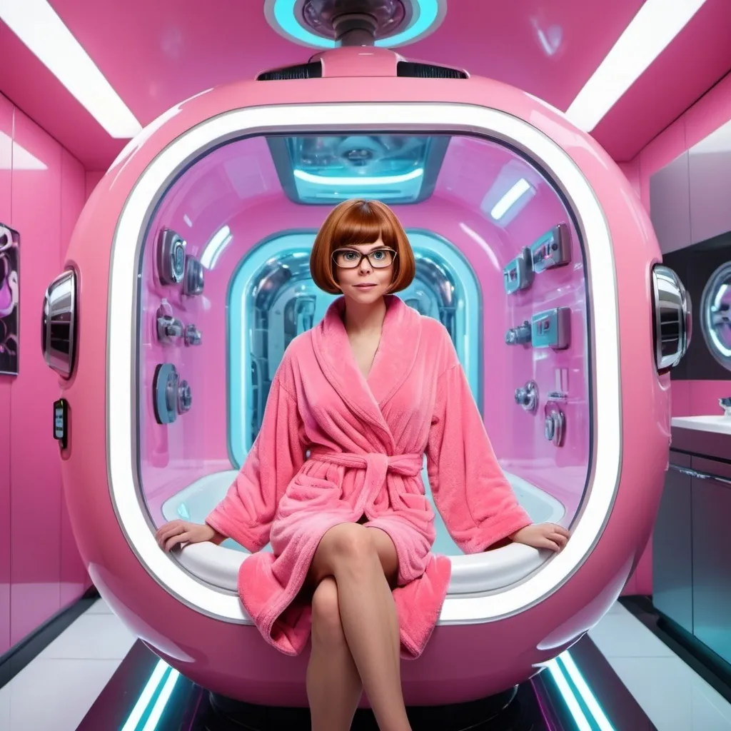 Prompt: Velma Dinkley wearing bathrobe inside the oblong pink makeover machine. There are automatic bathube, automatic shower, robotic arms, automatic wardrobe, automatic hair styling machine