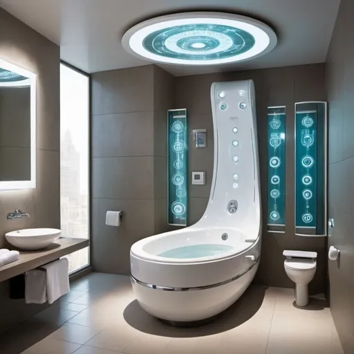 Prompt: The hybrid of modern bathroom for queens and princesses and robotic bathroom of the future