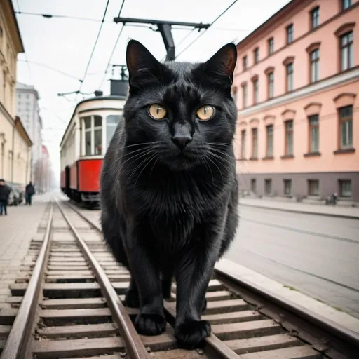 Prompt: Old soviet tram from Moscow 30s (spring) and humanlike black cat. Humanlike Huge black cat. He is an enormous (said to be as large as a hog) demonic black cat who speaks, walks on two legs