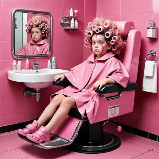 Prompt: A  large pink makeover and bathing machine. Inside there is a little girl (with messy hair and mud on her face and feet) who looks confused and dismayed sitting in a chair, wearing a floral pink pvc salon cape and curlers in her hair. There are mechanical arms applying shampoo on her hair.