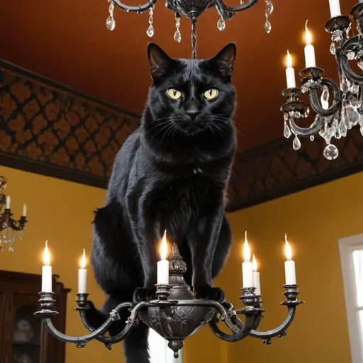 Prompt: Cat sitting on the chandelier. Huge black cat. He is an enormous (said to be as large as a hog) demonic black cat who speaks, walks on two legs. This cat holds pistol FN Model 1910 in his arms.