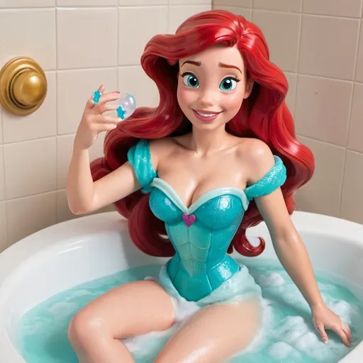 Prompt: Disney princess Ariel enjoying bubble bath from head to toe
