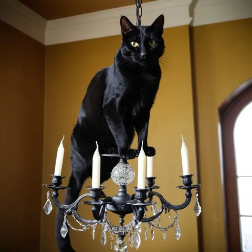 Prompt: Cat sitting on the chandelier. Huge black cat. He is an enormous (said to be as large as a hog) demonic black cat who speaks, walks on two legs. This cat holds pistol FN Model 1910 in his arms.