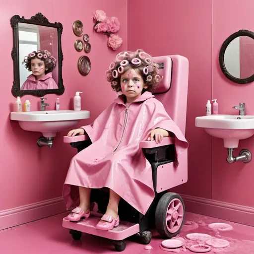 Prompt: A  large pink makeover and bathing machine. Inside there is a little girl (with messy hair and mud on her face and feet) who looks confused and dismayed sitting in a chair, wearing a floral pink pvc salon cape and curlers in her hair. There are mechanical arms applying shampoo on her hair.