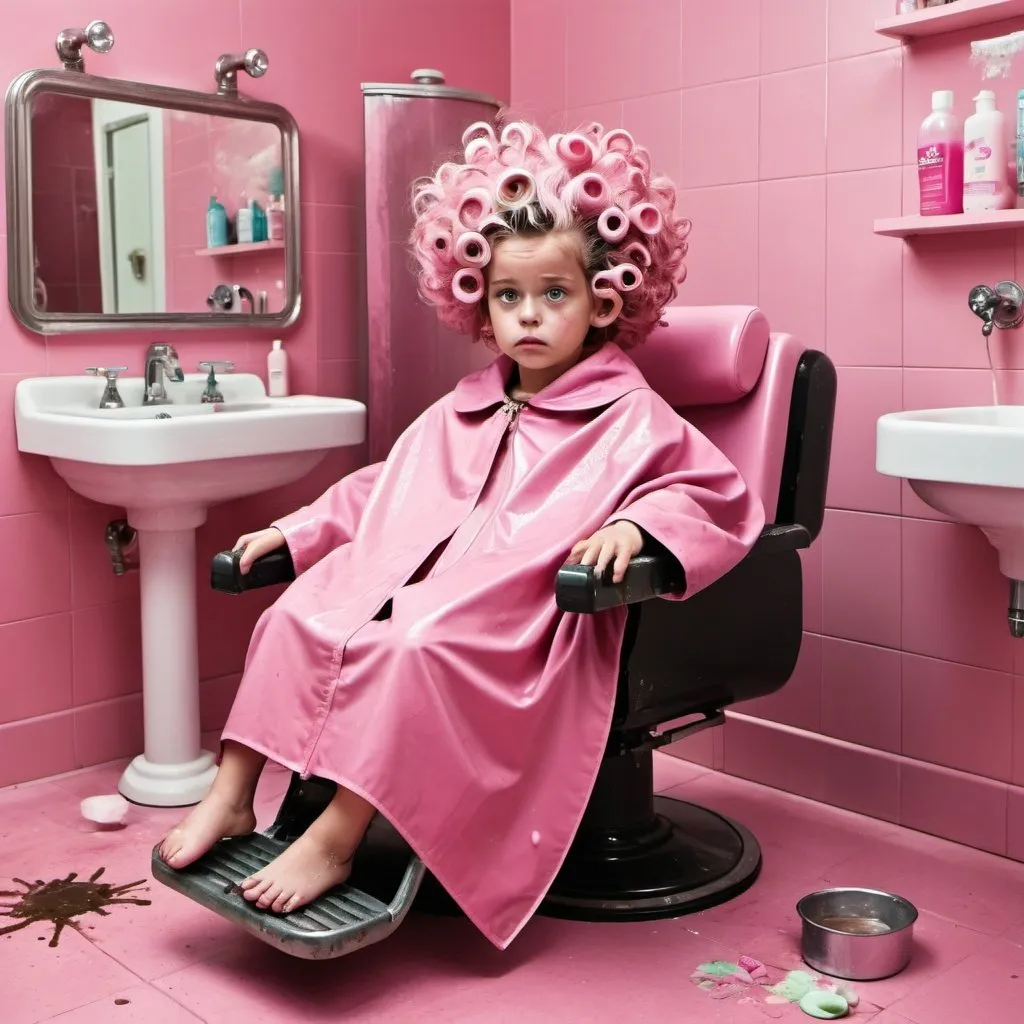 Prompt: A  large pink makeover and bathing machine. Inside there is a little girl (with messy hair and mud on her face and feet) who looks confused and dismayed sitting in a chair, wearing a floral pink pvc salon cape and curlers in her hair. There are mechanical arms applying shampoo on her hair.