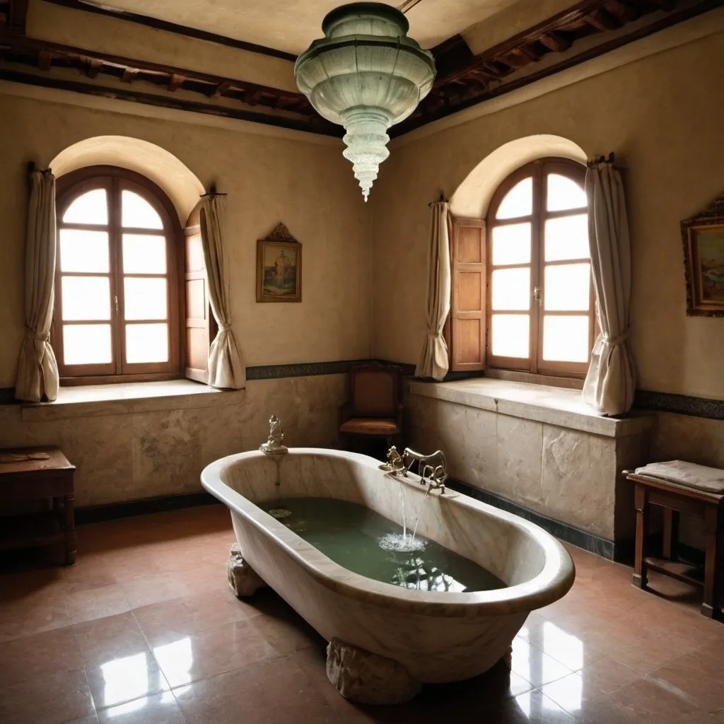 Prompt: Inside the room is one marble bathtub, with a fish fountain that pours water into the bath. And poles to hang up clothes. On the ceiling hangs a lamp for times when someone may want to bathe at night. The room is isolated from the rest of the castle, with the only way to get there being a walkway leading out from the guest house. This allows the room with a scenic view of the sea.