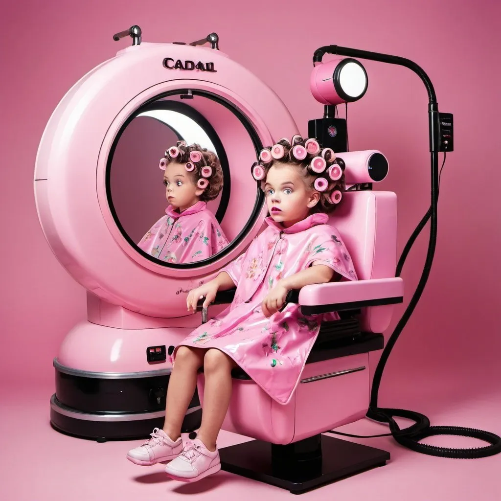 Prompt: A  large pink makeover machine. Inside there is a little girl who looks confused and dismayed sitting in a chair, wearing a floral pink pvc salon cape and curlers in her hair. There are mechanical arms applying makeup to her face.