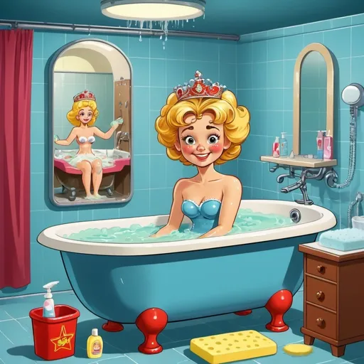 Prompt: A   makeover and bathing machine and automatic wardrobe from old cartoon from the USSR. Inside there is a princess (with messy hair and mud on her face and feet) who looks happy  sitting in   bathtube. There are bathtube,  shower and mechanical arms applying shampoo on her hair and mechanical arms washing her hands and feet with sponges.