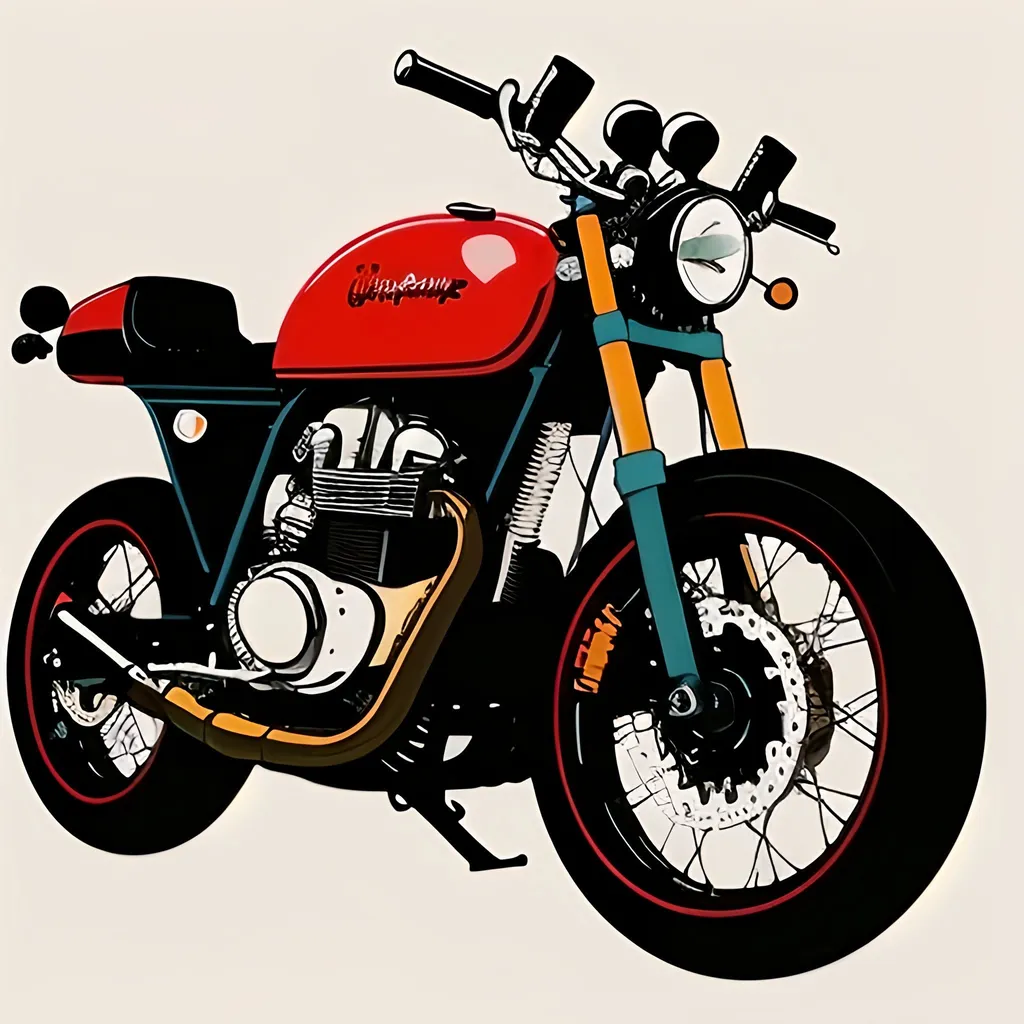 Prompt: A colorful illustration of a Cafe racer motorcycle with a contrasting background showing British roots