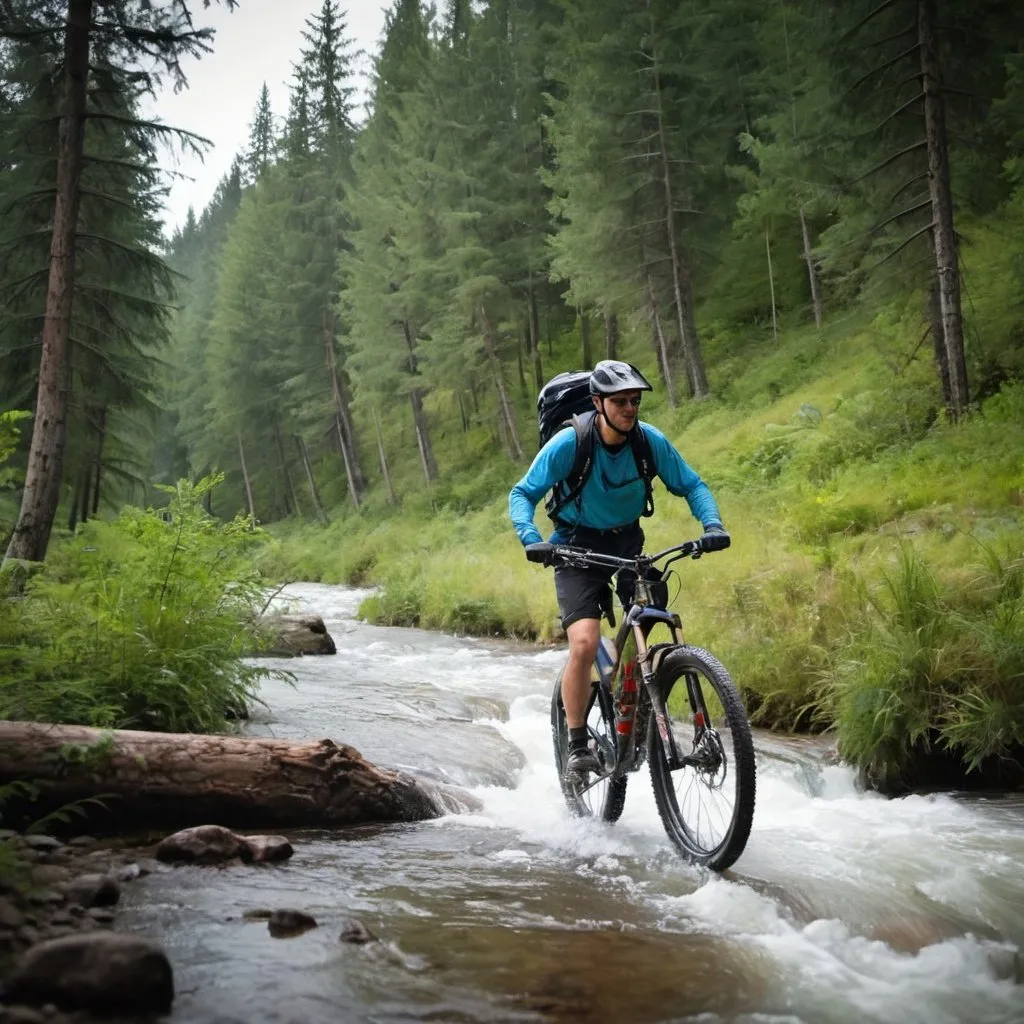 Prompt: a mountain biker, riding a trail, near the beautiful  river in the forest