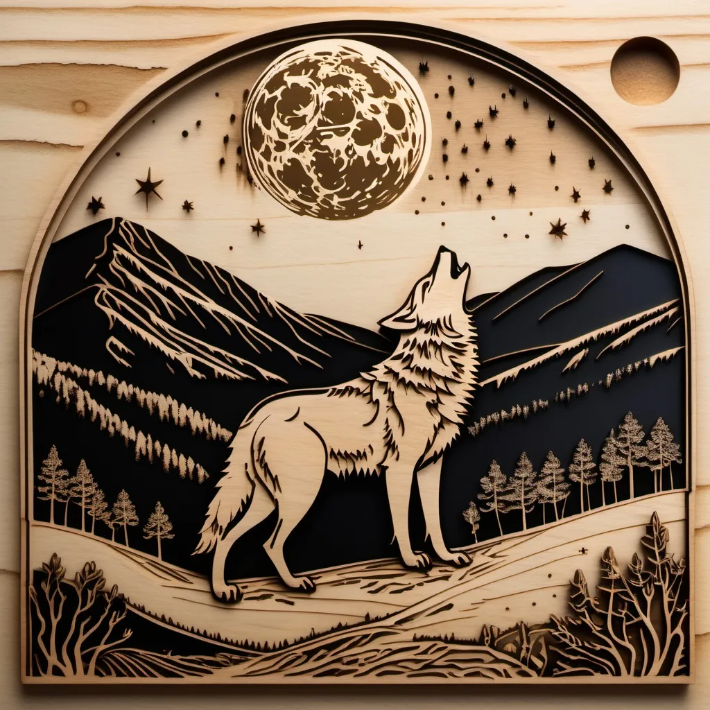 Prompt: a laser-engraved motif of a wolf howling at the moon against the background of hills and the inscription Bieszczady