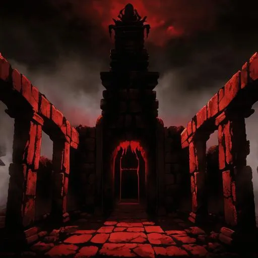 Prompt: misc-macabre illustration of a menacing Pillar men Esidisi, eerie red and black tones, ancient ruins background, ominous atmosphere, detailed anatomy with sinister features, intense and malevolent gaze, sharp and menacing tendrils, high quality, detailed illustration, dark fantasy, intense shadows, dramatic lighting, malevolent presence