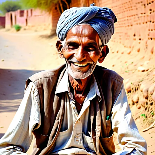 Prompt: image of a happy old man in rural Rajasthan, smiling, confident, full body image
