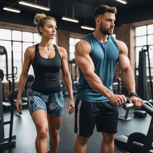 Prompt: Blending Art clothing Creativity with Physical Activity in the gym on a man and a woman