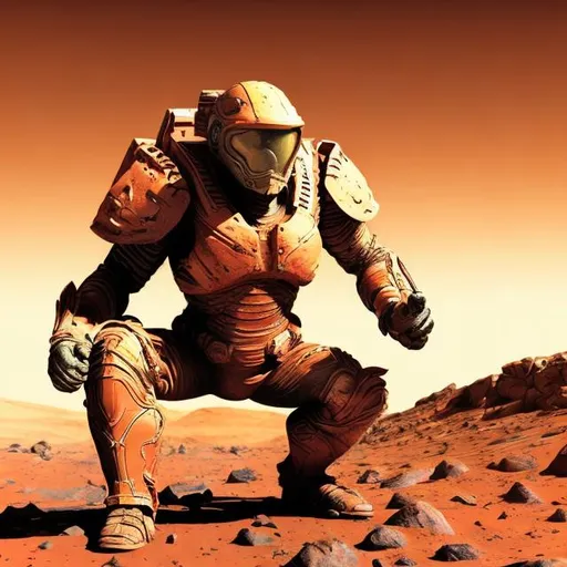 Prompt: Large warrior hero squatting huge on mars using digital art with bright background 