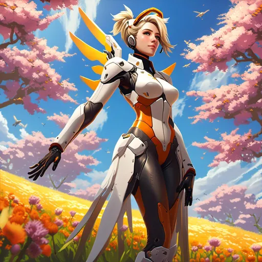 Prompt: <mymodel>(mercy walking through a flower field), vibrant colors, high depth cinematic masterpiece, warm golden sunlight, peaceful and serene atmosphere, detailed floral landscape, soft breeze swaying flowers, lush and colorful meadow, photorealistic, ultra-detailed, 4K quality, background of rolling hills and clear blue skies, gentle shadows, harmonious composition, breathtaking and immersive scene