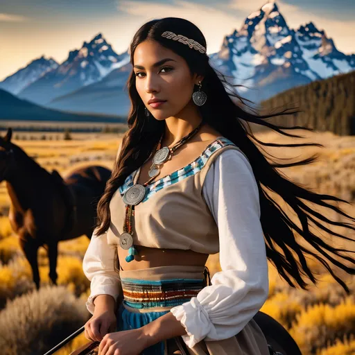 Prompt: Beautiful, slender, curvaceous, Native American woman, 18-23 years old, long dark flowing hair with braids and flowers. Fabric dress made of cotton with beads and precious stones adorned. Necklace and bracelets. Warrior princess riding a Palomino horse and carrying a bow and arrow. Grand Teton mountains in the background. It is a sunny day about 10:00 AM in the American Northwest. sharp detailed textures, Chromatic colors and shades, Impasto, ink wash, acrylic paints.