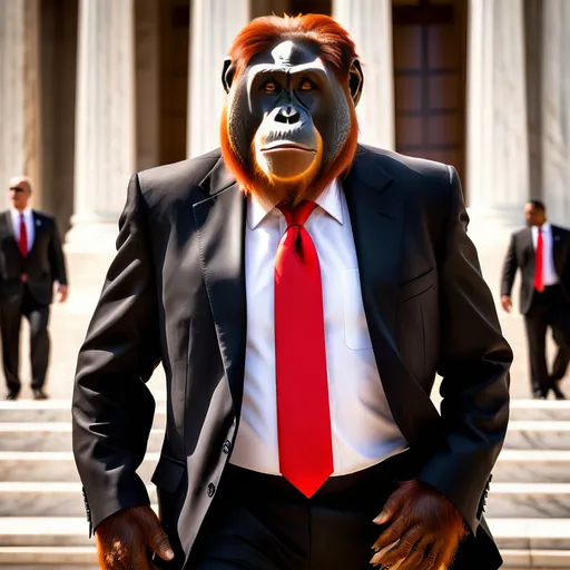 Prompt: orange Orangutan dressed in black business suit with red tie, US Supreme Court building, high quality, realistic, dramatic lighting, iconic scene, detailed facial expressions, traditional art style, solemn atmosphere, realistic marble, symbolic imagery, dramatic shadows, religious reverence, monumental setting, impactful composition, important event, grandeur, historical architecture, grand lighting, professional art, historical importance, emotional depth