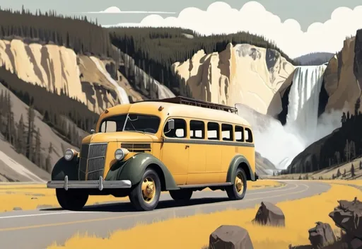 Prompt: 2d concept art, muted colors, dusty tones, natural color palette. Illustrate a picture of the 1937 yellow bus in Yellowstone National Park. Subtle background showing Yellowstone Falls  in the distance.