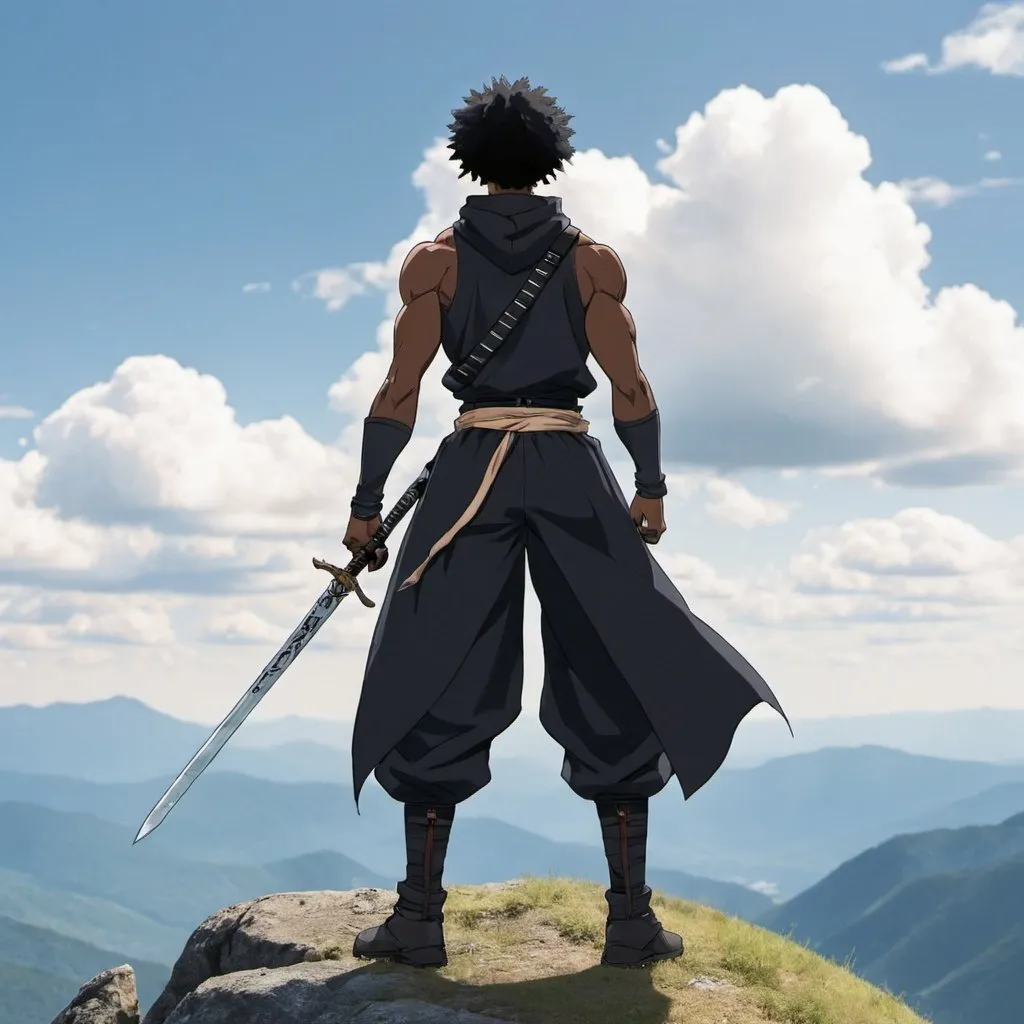 black anime man standing on a mountain with a sword...