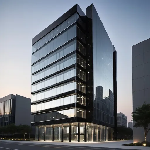 Prompt: (elegant modern headquarters), 7-storey glass and black granite building, (chrome metal finishes), sleek architectural design, reflecting glass facade, contemporary lines, sophisticated atmosphere, urban landscape, professionally designed environment, harmonic blend of materials, high detail, luxury feel, (highly detailed), ambient lighting showcasing textures, backdrop of city skyline, ultra-detailed.