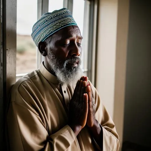 Prompt: Somali old man praying inside animal shelter

