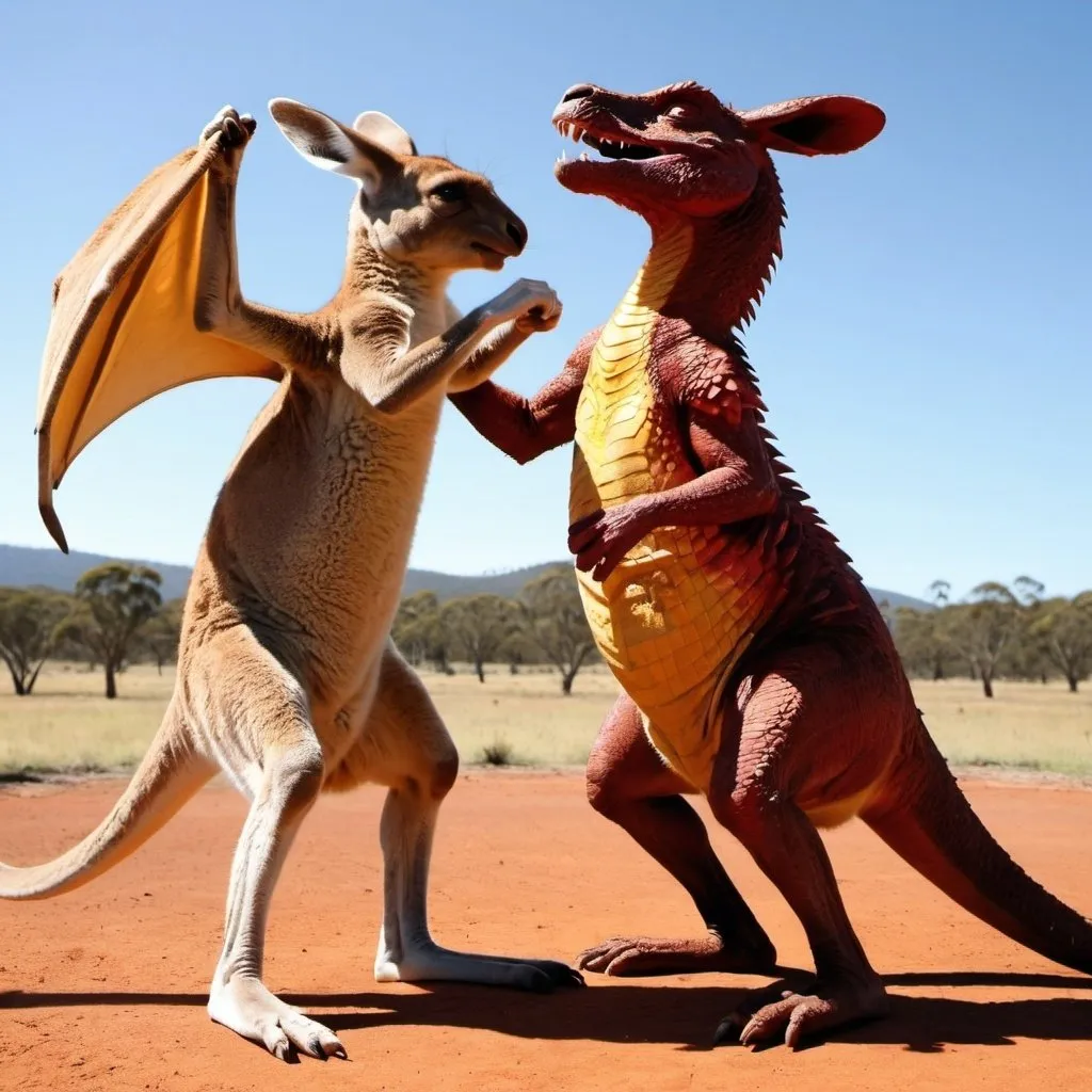 Prompt: a kangaroo punching a dragon