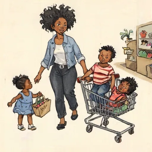 Prompt: Create an image of a tired natural hair wearing black mother who is shopping with three very young children who are 5, 3 and 1 years old.  The 1 year old is in a shopping cart and the 3 and 5 year old is skipping around the cart.  The mother should look tired.