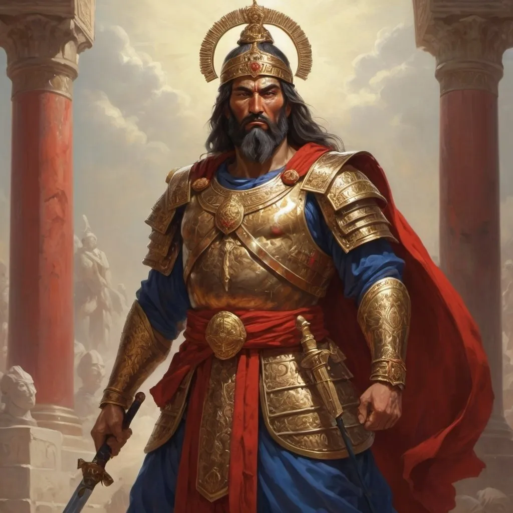 Prompt: A god that incarnates warfare, honor and nobility in a stance that commands respect