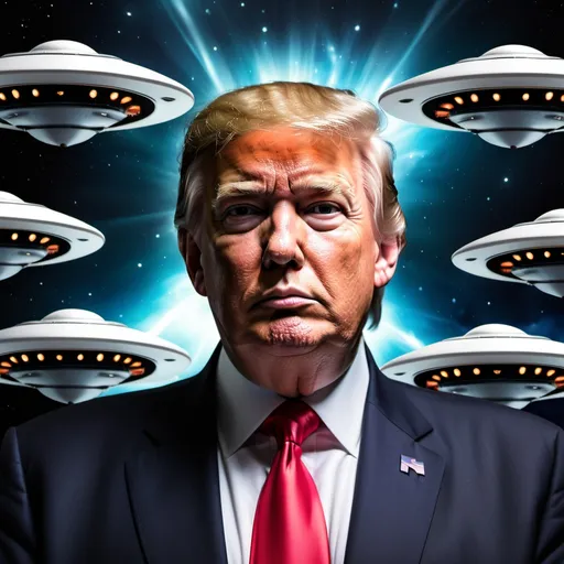 Prompt: a realistic image of trump headshot surrounded by UFO spaceships